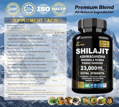 DLNIA - Shilajit Puro do Himalaia 9000MG com Rhodiola Rosea 1000MG, Ashwagandha 2000MG, Ginseng, Gingko Biloba, Cúrcuma, Cogumelo Cordyceps, Urtiga…