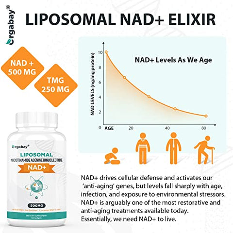 Orgabay - Suplemento Liposomal NAD 500 mg, Alta Absorção, Aumente NAD com TMG 250 mg, NAD Real mais Eficiente que Ribosídeo de Nicotinamida, Suporte à Energia Celular, Envelhecimento Saudável