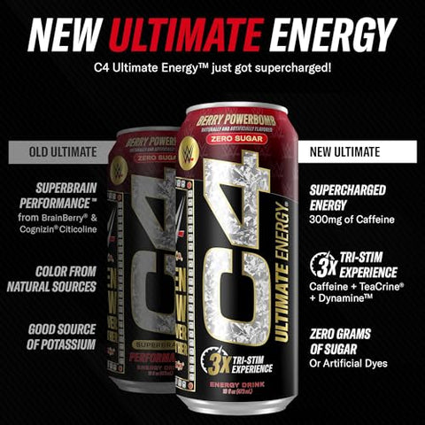 C4 Ultimate x WWE | Bebida Energética Pré-Treino Sem Açúcar | Experiência Tri-Stim com 300mg de Cafeína TeaCrine Dynamine | Berry Powerbomb | 16oz (Pacote com 12) - Cellucor