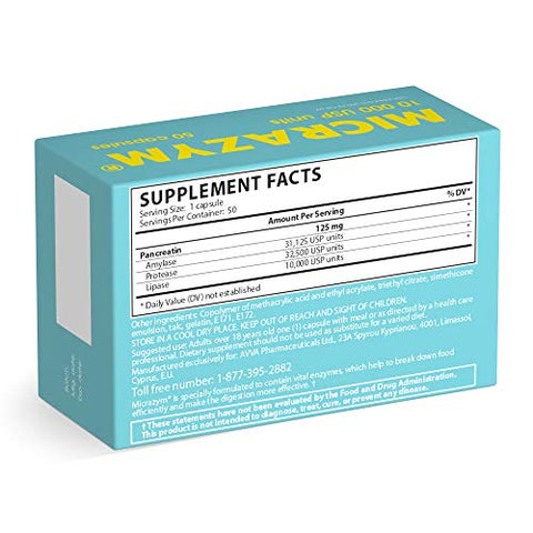 Micrazym - AVVA Pharmа Enzimas Pancreáticas – 10.000 USP Suplementos Enzimáticos Pancreáticos Eficazes – Enzimas Digestivas para Digestão – 50 Cápsulas de Ação Rápida com Amilase, Lipase e Protease