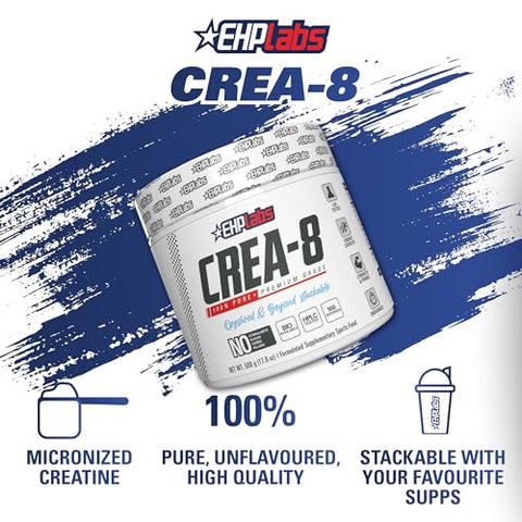 CREA-8 Pó de Monohidrato de Creatina – Suplemento para Crescimento Muscular, Aumento de Força, Energia Aprimorada e Performance Melhorada – Sem Sabor – 100g - EHP Labs