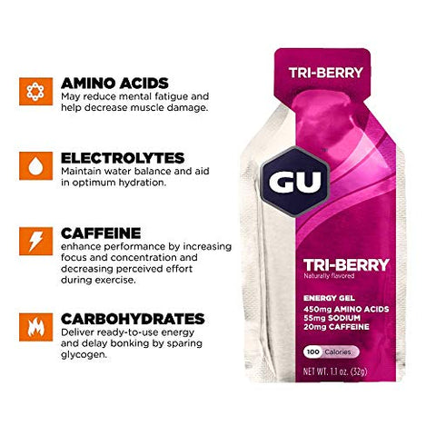 GU ENERGY GEL - GU Energy Gel Original: Energia Vegana, Sem Glúten, Kosher e Sem Laticínios para Qualquer Treino – 24 Unidades, Sabor Tri-Berry