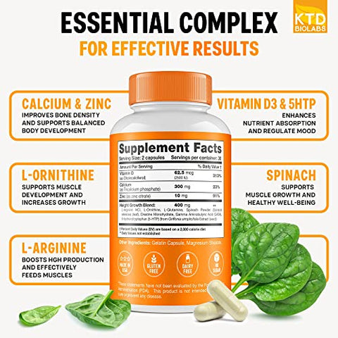 KTD BIOLABS - Pack 2 Growth Maximizer – Vitaminas Naturais para Crescimento de Altura – Feito nos EUA – Comprimidos de Crescimento para Atingir Altura