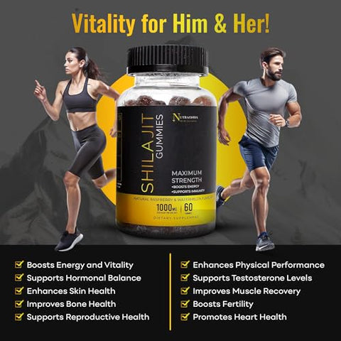 NUTRAONDA - Gummies Premium Shilajit 60 Unidades – 1000mg Puro Himalaia Shilajit para Homens e Mulheres – Gummies de Alta Potência para Aumento de Energia