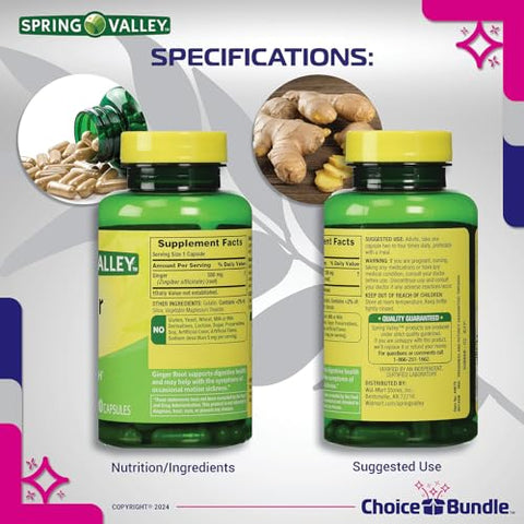 ChoiceBundle - Spring Valley Cápsulas de Suplemento Digestivo de Raiz de Gengibre 550 mg 100 Ct 2 pk Bundle Escolha (200 Total) Guia “Vitalidade Vitamínica” e Recipiente para Comprimidos (4 Itens)