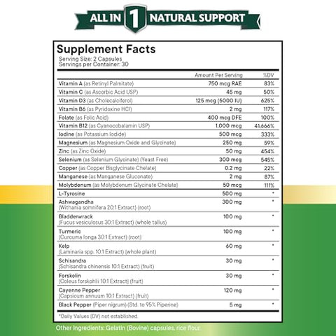 NEW AGE - Selenium 300mcg Zinc 50mg Iodine 500mcg L Tyrosine 500mg Ashwagandha 6000mg – Suporte para Tireoide com Bladderwrack, Cúrcuma, Sílica Kelp, Schisandra – Marca: [Nome da Marca]