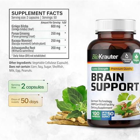 BIO KRAUTER - Suplemento de Suporte Cerebral – Ashwagandha, Panax Ginseng e Ginkgo Biloba – 1200 mg – 100 Cápsulas Veganas, Sem Preenchedores
