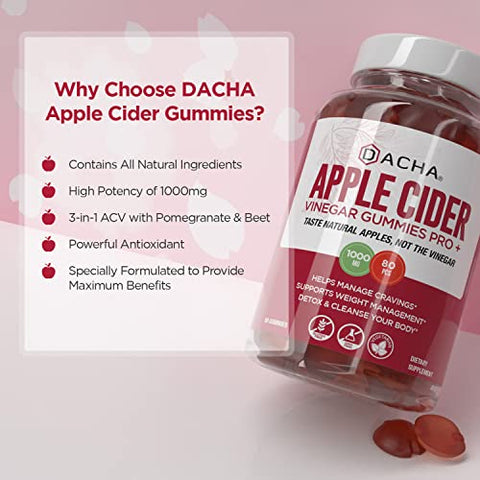 DACHA - Gomas de Vinagre de Maçã Premium – 80 Unidades, 1000mg Cru, Orgânico, Não Filtrado ACV da Mãe, Não Pegajoso, Imunidade, Desintoxicação, Fitness
