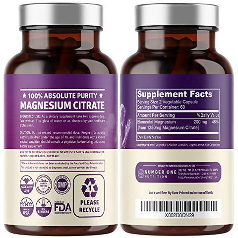 Number One Nutrition - Cápsulas de Citrato de Magnésio Puro 1250mg, Mineral Traço Purificado e de Fácil Absorção para Suporte Muscular e Digestivo, 120 Caps