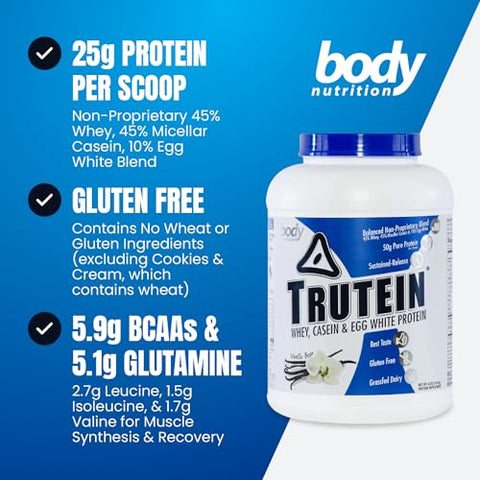 Trutein: Pó de Proteína de Alta Qualidade – 45% Whey, 45% Caseína, 10% Proteína de Clara de Ovo – Sem Glúten, Baixo Sódio, Baixo Carboidrato – Suplemento em Pó de Proteína para Homens - Body Nutrition