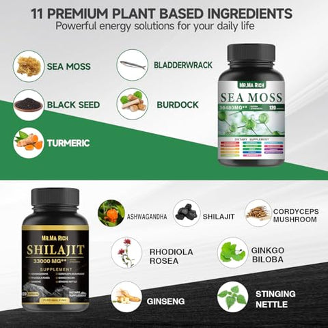 Mr.Ma Rich - Pacote de Cápsulas de Sea Moss e Shilajit, Ashwagandha Rhodiola Rosea Ginseng Cordyceps Mushroom Ginkgo Biloba Stinging Nettle Magic Moss Blendim Black Seed Turmeric Bladderwrack – 100% Natural e Potente