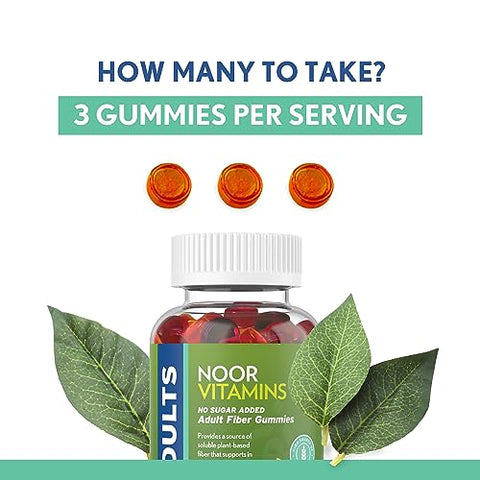 Gomas de Fibra Halal Sem Açúcar para Adultos com Fibra Prebiótica; Não-OGM, Amigável para Veganos, Livre de Gelatina, Goma de Alta Fibra Solúvel para Adultos, Halal - Noor Vitamins