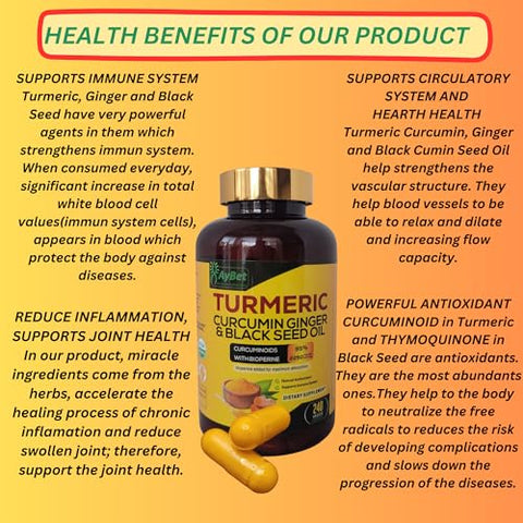 AyBet - WORLD 1st. Cúrcuma Curcumina Gengibre – Potente Antioxidante Natural – 100% Puro – 60 Cápsulas – 500mg – Marca de Qualidade