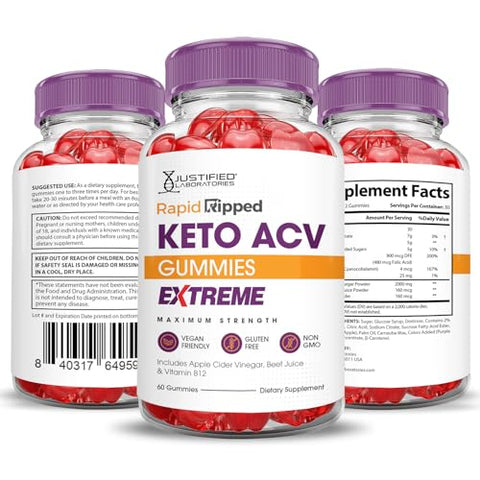 Justified Laboratories - (2 Pacotes) Gomas de Keto ACV Rápido Ripped Extreme 2000MG Rapidripped Keto Gummies Vinagre de Maçã Formulado com Suco de Romã e Beterraba em Pó B12 Vegano Não GMO 120 Gomas