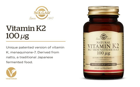 SOLGAR - Solgar Vitamina K2 MK7 100mcg Cápsulas Vegetais – Suporte à Saúde Óssea Fonte Natural de Alimento Integral a partir de Extrato de Natto – Sem OGM e Sem Glúten – 50 Unidades