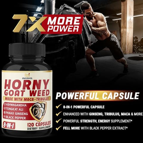 Horny Goat Weed para Homens e Mulheres com Maca, Tribulus, Ginseng, Ashwagandha, Tongkat Ali – 120 Cápsulas para 4 Meses de Fornecimento - BMVINVOL