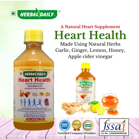 HERBAL DAILY - Heart Health 400 ml – Suporte para Saúde Cardíaca e Redução do Colesterol – Vinagre de Maçã, Suco de Alho, Gengibre, Limão e Mel – 1 Frasco