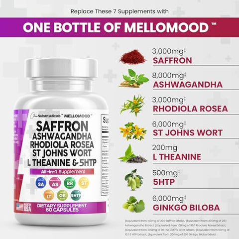 Clean Nutraceuticals - Clean Saffron Supplements com Ashwagandha 8000mg – Suporte ao Humor com L-Theanine 200mg, Ginkgo Biloba 6000mg, Hipérico 6000mg, Rhodiola Rosea 3000mg