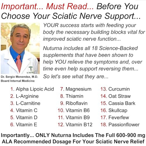 Nuturna - Fórmula de Suporte para Alívio do Nervo Ciático com 600 mg de Ácido Alfa Lipóico – Fórmula 18 em 1 para Ciática na Região Lombar, Quadril, Perna, Pé – Curcumina de Cúrcuma – 120 g