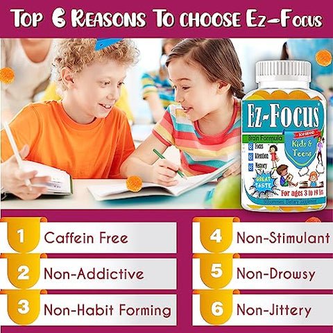 Celebrity LifeStyle Product - Ez Focus Gummies para Crianças – Suporte para Concentração e Atenção – Vitaminas Mastigáveis para Crianças e Adolescentes – Gomas Infantis para Foco e Calma – Ômegas Naturais DHA – Marca Ez Focus