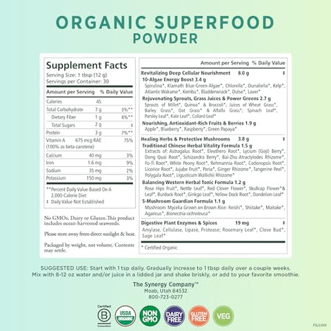 Pó Orgânico de Superfood | Pó Orgânico de Superfood Verde | Suplemento Alimentar Integral com Verdes Orgânicos, Spirulina e Cogumelos | Para Energia, Envelhecimento Saudável e - PURE SYNERGY