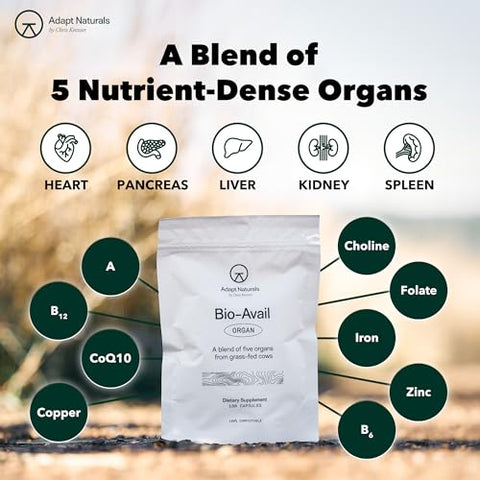 ADAPT NATURALS BY CHRIS KRESSER - Adapt Naturals – Cápsulas de Fígado Bovino de Pasto, Rico em Nutrientes, Mistura de Fígado, Coração, Rim e Pâncreas – 100% Natural e Bio Disponível