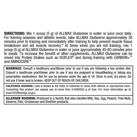 L-Glutamina em Pó, Fórmula de Recuperação Muscular, Sem Glúten, Vegano, 400g - ALLMAX Nutrition