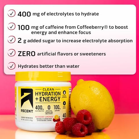 Clean Hydration Energy Pó de Eletrólitos – 100mg Cafeína, 400mg Eletrólitos, Sem Ingredientes Artificiais, Sabor Limonada Framboesa 40 Porções - Ascent