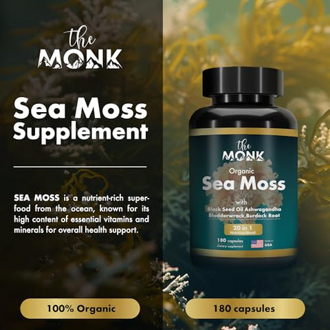 THE MONK - Cápsulas de Musgo do Mar Irlandês Orgânico – Fórmula Avançada, Suplemento de Musgo Selvagem Cru com Alga Marinha e Raiz de Bardana – 180 Comprimidos Veganos – Fabricado nos EUA