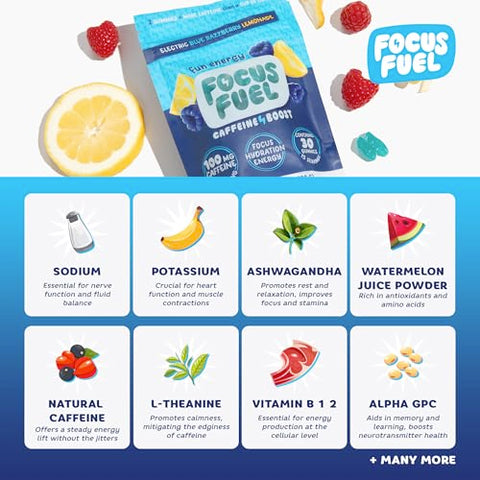 FocusFuel - Focus Energy Gummies – Chews Energéticos, 100mg de Cafeína por 2 Gummies, Com B12, Magnésio, Eletrólitos, Ingredientes Naturais (Blue Razzberry Lemonade – 30 Chews, 90g)