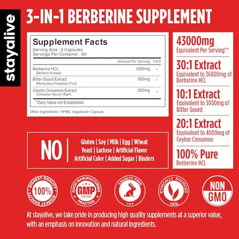 Berberine com Canela do Ceilão, Berberina HCL 1200mg c/ Extrato de Melão Amargo 300mg, Super Extrato 30:1, 120 Cápsulas de Berberina, Vegano, Não-OGM - STAY ALIVE