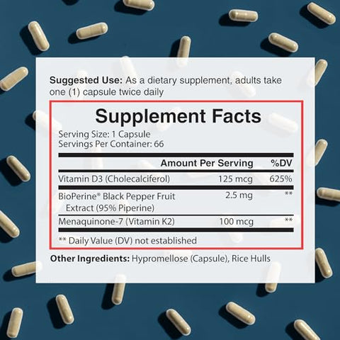 Cápsulas K2 D3 [66 unidades] – Vitamina K2 (MK-7) D3 com BioPerine – Ósseo - Dr. Boz