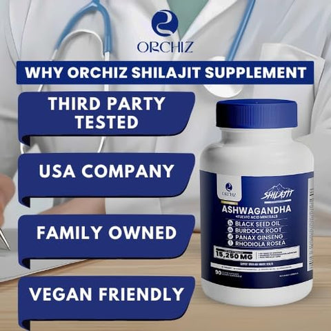 Orchiz - Certified Organic Ashwagandha com Shilajit, Óleo de Semente Preta, Raiz de Bardana, Ginseng Panax, Rhodiala Rosea, Ginkgo Biloba, Cúrcuma, Teste de Laboratório – 15250mg, 90 Cápsulas