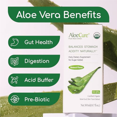 AloeCure Suco de Aloe Vera Orgânico USDA Sabor Natural – Puro Suco de Aloe Natural para Equilíbrio Estomacal, Digestão e Sistema Imunológico – Feito em até 12 horas da colheita