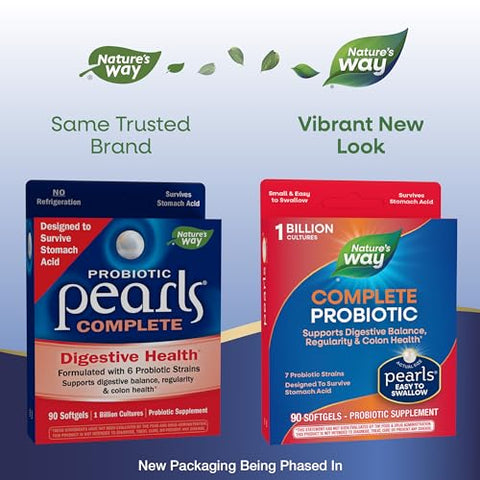 Nature's Way - Nature’s Way Complete Probiotic Pearls – Suporte Digestivo, 1 Bilhão de Culturas Vivas, Suplemento para Homens e Mulheres, Sem Necessidade de Refrigeração, 90 cápsulas (Embalagem Pode Variar)