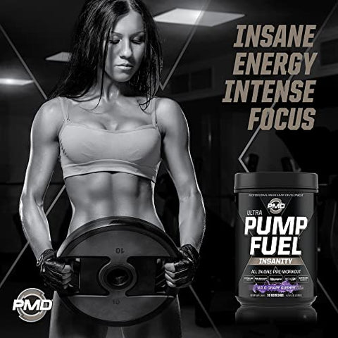 Sports Ultra Pump Fuel Insanity – Bebida Pré-Treino para Energia, Força, Resistência, Recuperação – Carboidratos Complexos e Energia Amino – Sabor Uva Selvagem (30 Porções) - PMD