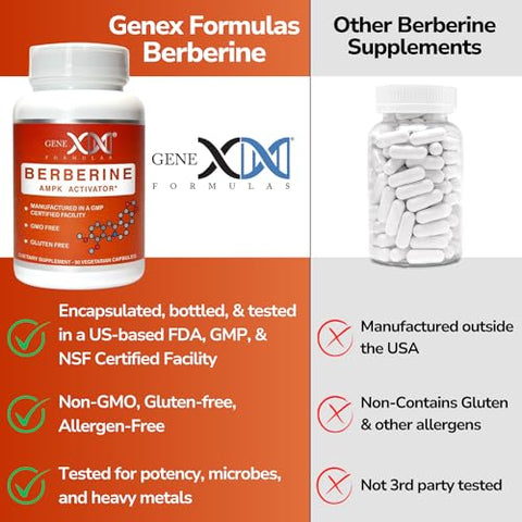Genex Formulas - GENEX Berberine HCl 500mg (3-Pack) | Ativador AMPK Poderoso, Suporte à Saúde Cardíaca e Imunológica – Não-OGM, Sem Glúten, Vegetariano