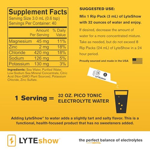 LyteLine - LyteShow Gotas Eletrolíticas para Água Sem Açúcar – Hidratação e Suporte Imunológico – 50 Porções Individuais – Amigo da Dieta Keto – Zinco e Magnésio para Reidratação Rápida