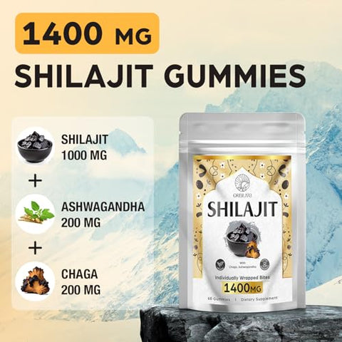 ORBILIVE - Gummies Orgânicos de Shilajit Puro do Himalaia com Ashwagandha – 1400 MG, 85 Minerais Traços – Marca: Himalayan Shilajit para Homens