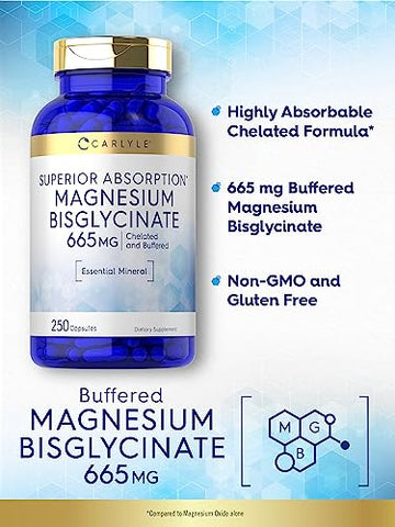 Magnésio Bisglicinato Tamponado 665 mg | 250 Cápsulas | Mineral Essencial Quelado | Suplemento Livre de Transgênicos e Glúten - Carlyle