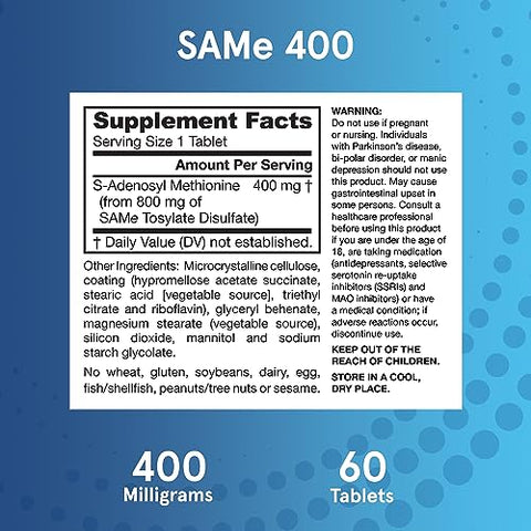 SAMe 400 mg: Suporte para Articulações, Função Hepática e Metabolismo Cerebral – 60 Comprimidos (Até 60 Dias de Suprimento) - Jarrow Formulas
