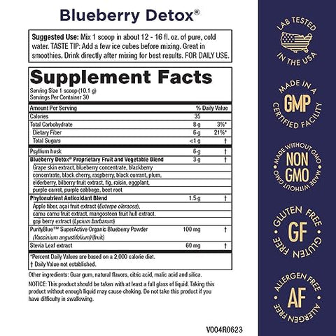 Fórmula Diária de Fibra Detox Avançada de Mirtilo da Purity Products com PurityBlue Orgânico – 6g de Fibra Prebiótica Desintoxicante e Promotora de Regularidade