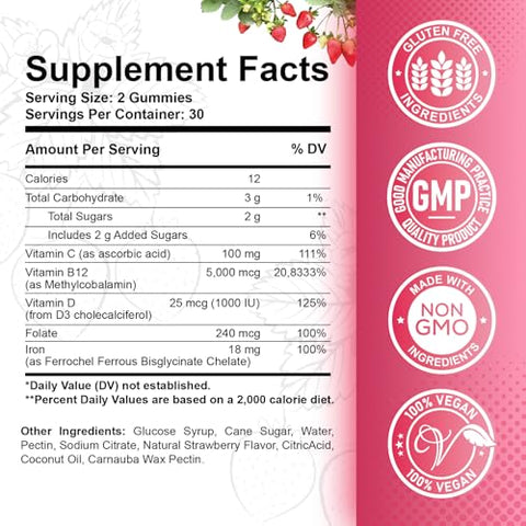ReviNutra - Vitaminas B12 Gummies – 5000 mcg Methylcobalamin com Ferro, Vitamina C, D3