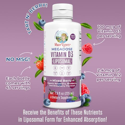 Vitamina D | Suprimento de 45 Dias | Sem Açúcar | Suporte Imunológico Líquido de Vitamina D Lipossomal para Adultos | VIT D3 | Vegano | Sem Glúten | Não-OGM | 45 Porções - MaryRuth Organics