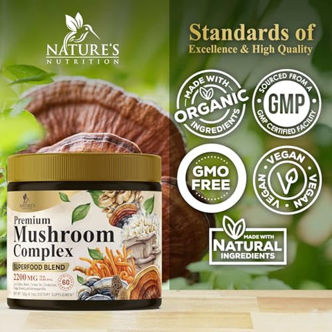 Nature's Nutrition - Pó de Cogumelo Orgânico – Complexo em Pó 11 em 1 de Leão Mane, Cordyceps, Reishi, Chaga, Shiitake, Turkey Tail, Maitake