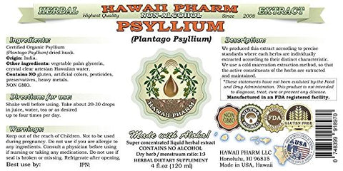 Psyllium Líquido Extrato Sem Álcool, Casca Seca de Psyllium (Plantago Psyllium) Glicerito de Ervas Naturais, Hawaii Pharm, EUA 120 ml
