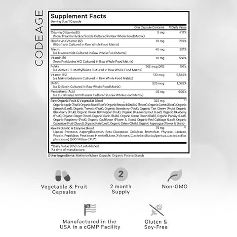 Raw Vitamin B-Complex – Vitaminas B Essenciais com Probióticos, Enzimas Digestivas e Frutas | 60 Cápsulas - Codeage