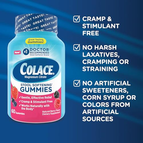 Gummies: Alívio Suave e Confiável para Constipação, Citrato de Magnésio, Sabor de Frutas Vermelhas, 60 unidades - Colace