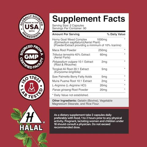 Natures Craft - Horny Goat Weed Extra Forte para Aumento Masculino – Complexo de 1590mg com Tongkat Ali, Saw Palmetto, Panax Ginseng e Maca Negra para Resistência