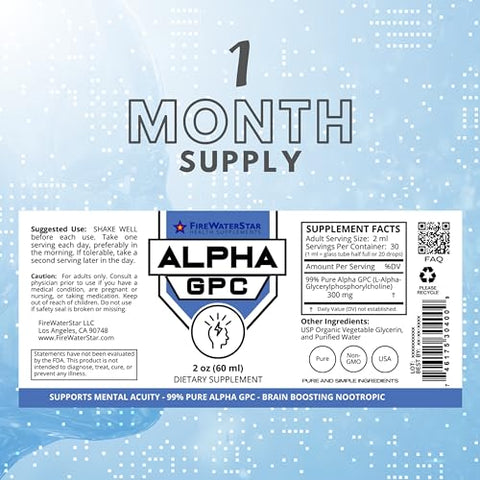 FIREWATERSTAR HEALTH SUPPLEMENTS - FWS Alpha GPC Choline – Gotas Líquidas para Memória e Concentração – Suplemento Cerebral de Ação Rápida – 99% Puro L Alpha-GPC – 300mg – 30 Dias de Fornecimento